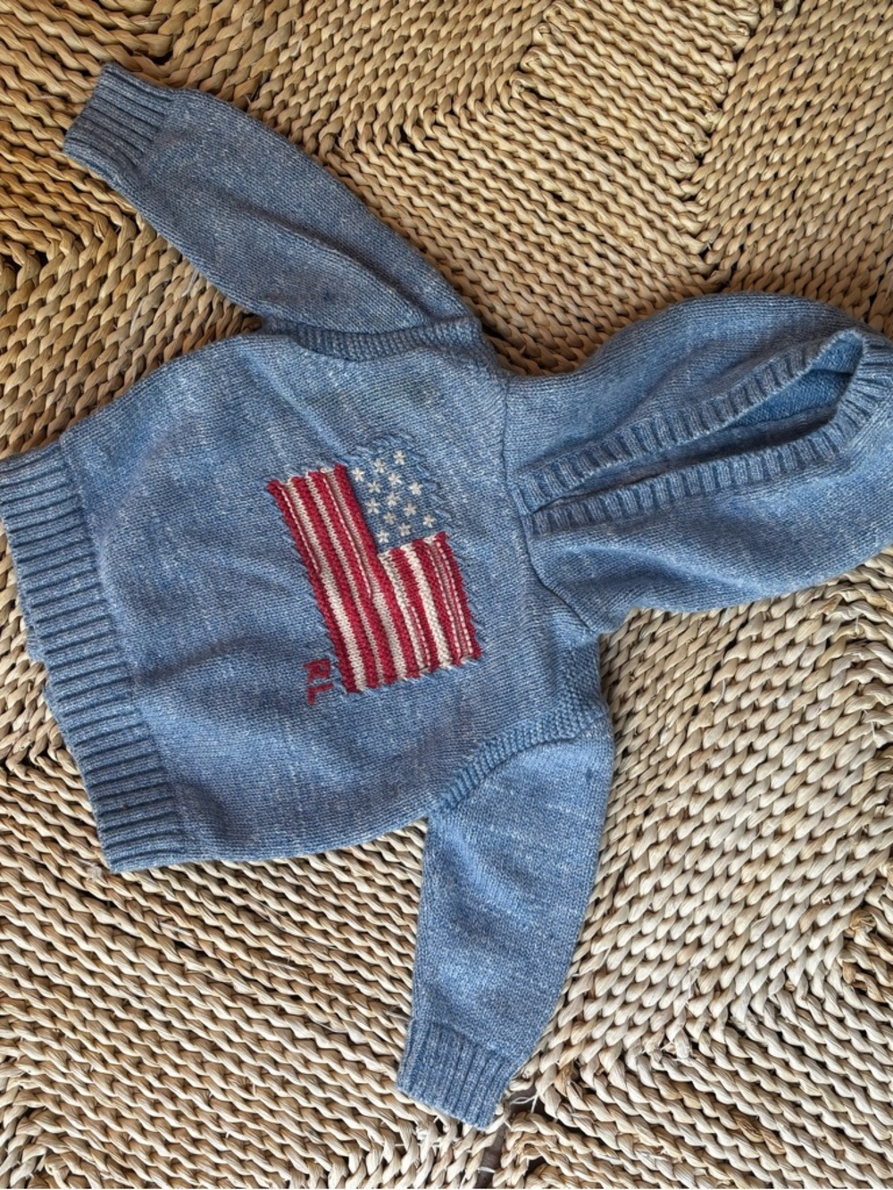 Ralph Lauren Light Blue Knit Hooded Cardigan with Red Accent